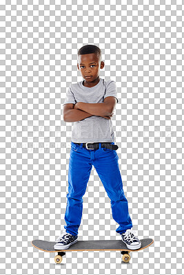 Buy stock photo Portrait, boy and skateboard with arms crossed, fashion and confident kid isolated on a transparent background. Person, model and child skating, activity and skater with a hobby, casual and png