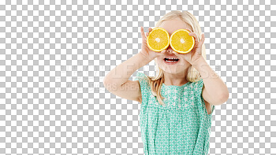 Buy stock photo Happy girl, portrait and child with orange for vitamin C or natural nutrition isolated on a transparent PNG background. Young female person, little child or kid smile with organic yellow citrus fruit