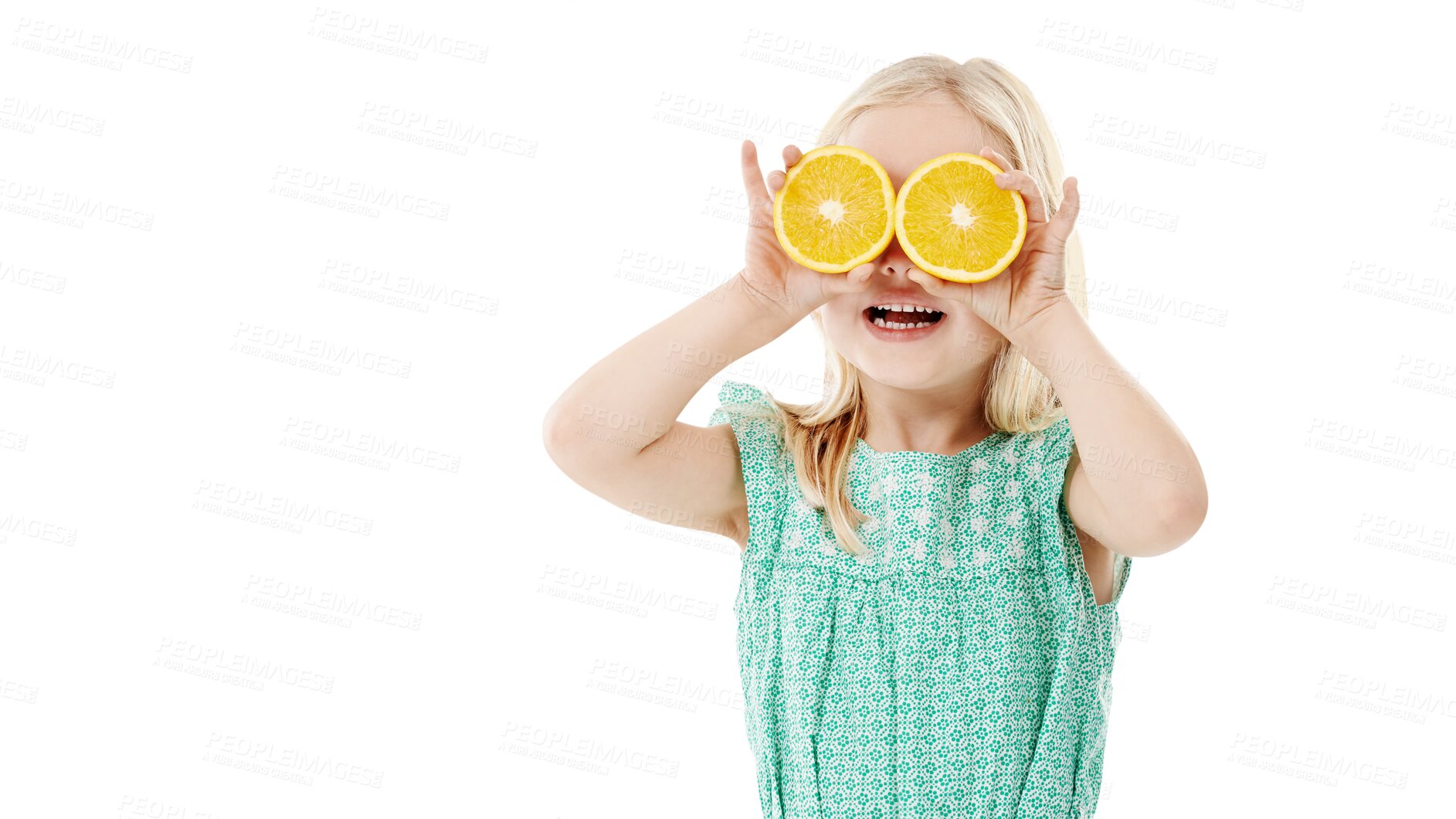 Buy stock photo Happy girl, portrait and child with orange for vitamin C or natural nutrition isolated on a transparent PNG background. Young female person, little child or kid smile with organic yellow citrus fruit