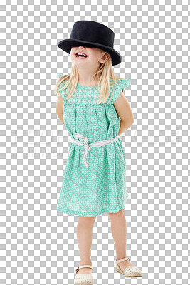 Buy stock photo Funny child, girl and hide in hat isolated on a transparent png background. Happy young kid cover face, laughing and excited for fashion, casual clothes or playing dress up, smile or positive emotion