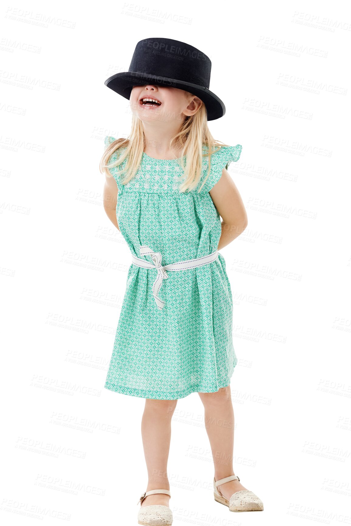 Buy stock photo Funny child, girl and hide in hat isolated on a transparent png background. Happy young kid cover face, laughing and excited for fashion, casual clothes or playing dress up, smile or positive emotion