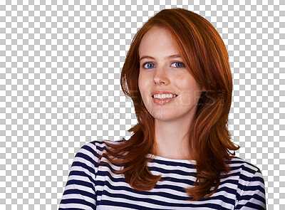 Buy stock photo Portrait, happy and fashion with a redhead woman isolated on a transparent background for style, Face, smile and clothes with a trendy young ginger model on PNG to wear a casual clothes outfit