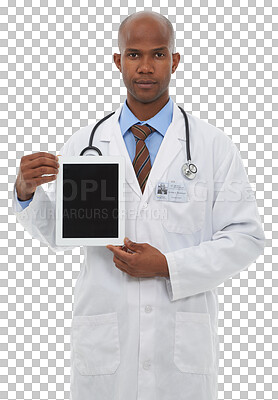 Buy stock photo Portrait, medical and tablet screen with a doctor black man isolated on transparent background for advice. Healthcare technology with a serious medicine professional on PNG for telehealth consulting