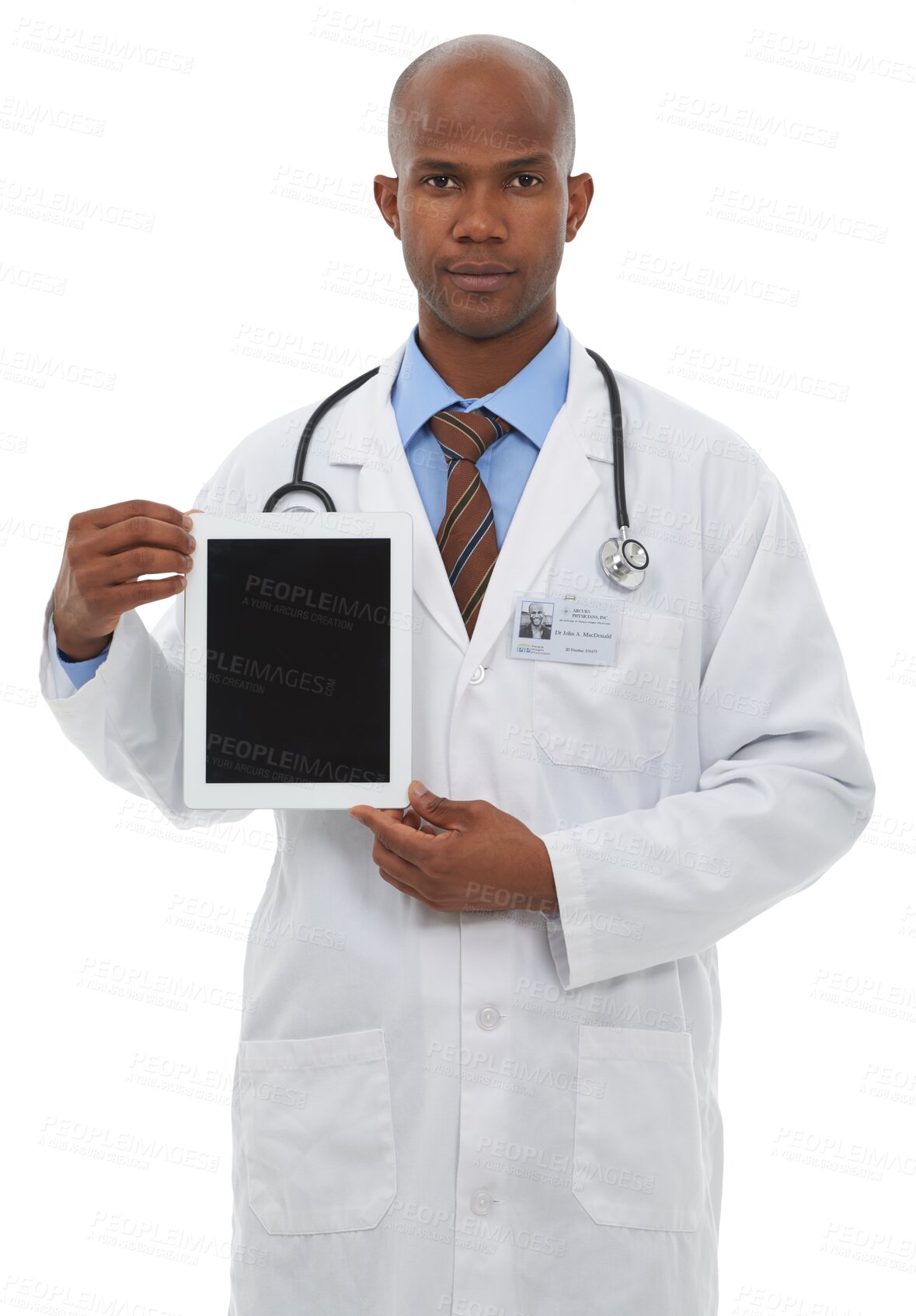 Buy stock photo Portrait, medical and tablet screen with a doctor black man isolated on transparent background for advice. Healthcare technology with a serious medicine professional on PNG for telehealth consulting