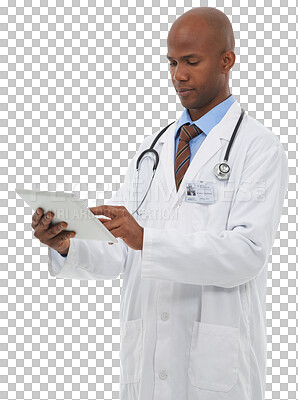 Buy stock photo Tablet, medical and black man doctor doing research for diagnosis or treatment with career. Digital technology, healthcare and African surgeon on the internet isolated by transparent png background.