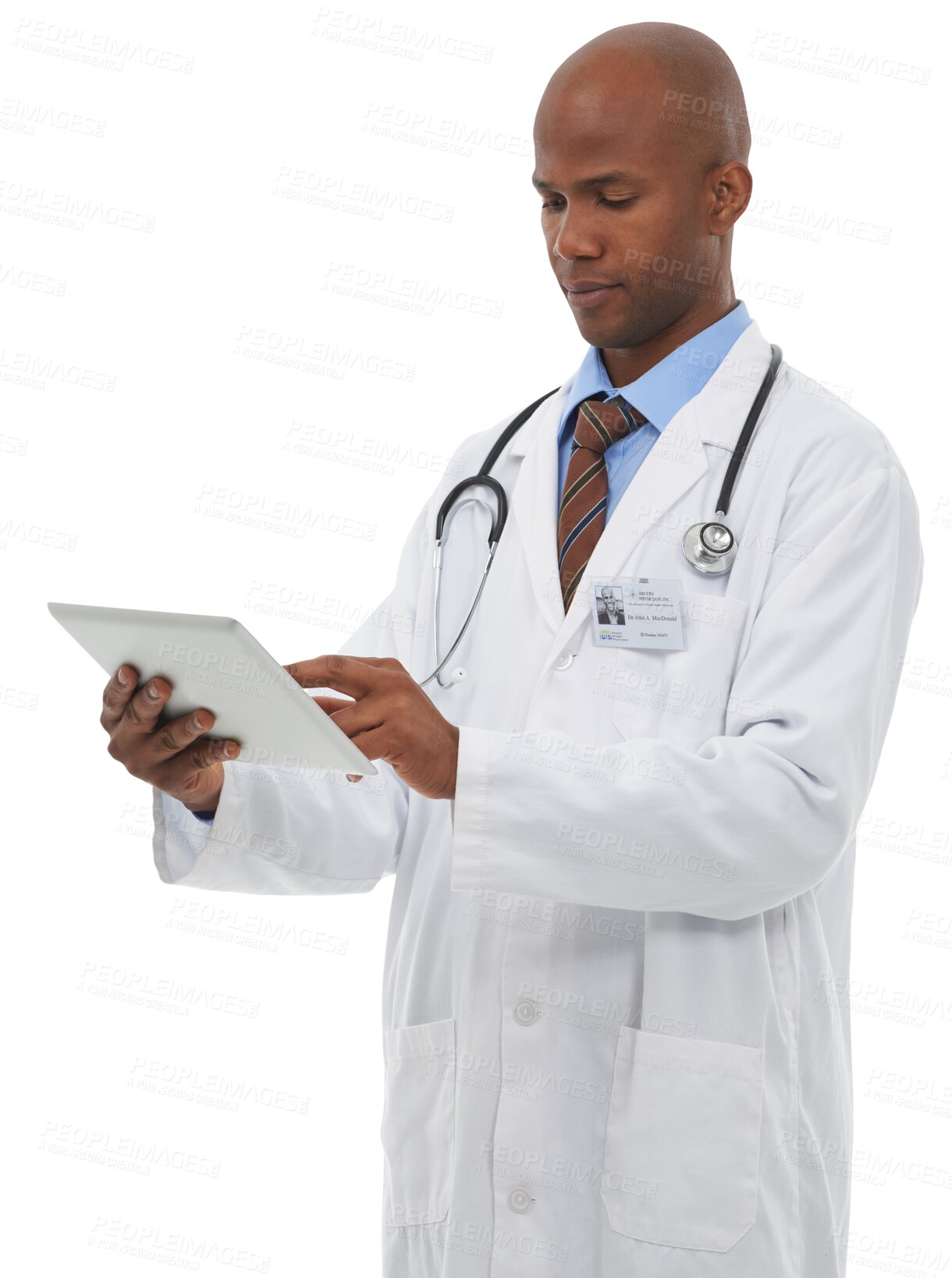 Buy stock photo Tablet, medical and black man doctor doing research for diagnosis or treatment with career. Digital technology, healthcare and African surgeon on the internet isolated by transparent png background.