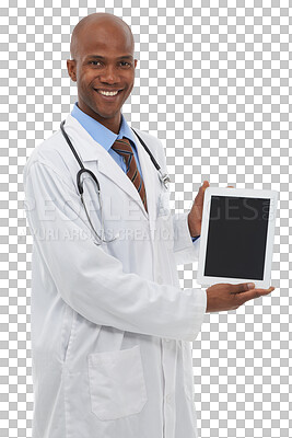 Buy stock photo Doctor, medical and tablet with a happy black man isolated on transparent background for advice. Healthcare, smile and tech with a medicine professional showing a screen on PNG for remote consulting