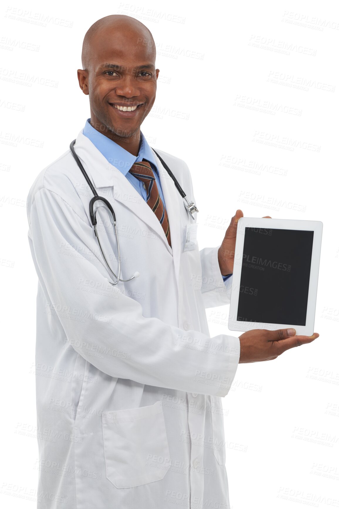 Buy stock photo Doctor, medical and tablet with a happy black man isolated on transparent background for advice. Healthcare, smile and tech with a medicine professional showing a screen on PNG for remote consulting