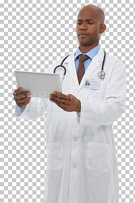 Buy stock photo Tablet, healthcare and black man doctor doing research for diagnosis or treatment with career. Digital technology, medical and African surgeon on the internet isolated by transparent png background.