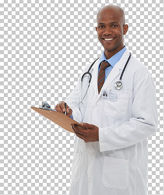 Buy stock photo Clipboard, portrait smile and black man, doctor or surgeon writing insurance paperwork, medical feedback info or hospital survey. Clinic, checklist and expert isolated on transparent, png background