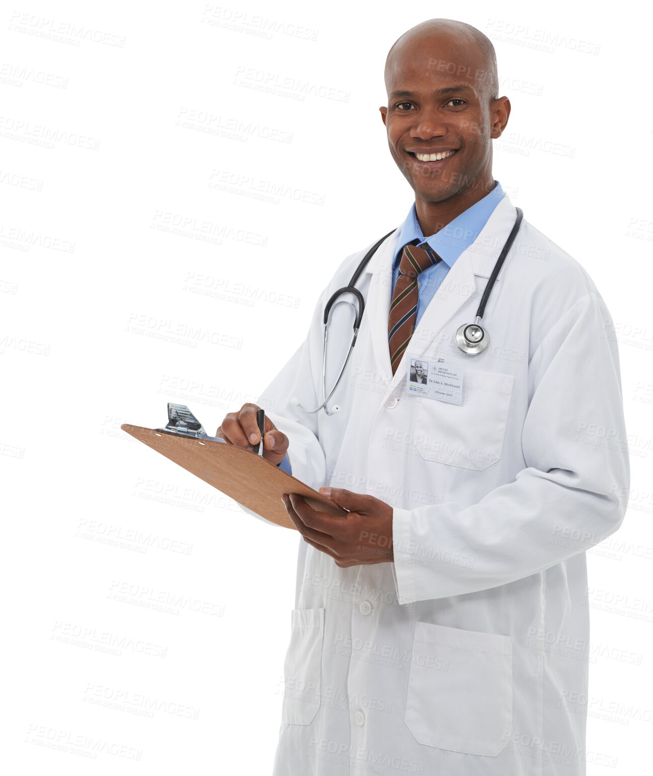 Buy stock photo Clipboard, portrait smile and black man, doctor or surgeon writing insurance paperwork, medical feedback info or hospital survey. Clinic, checklist and expert isolated on transparent, png background