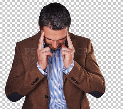 Buy stock photo Business, man and headache with stress, burnout and employee isolated on transparent background. Person, entrepreneur or consultant with a migraine, mistake and crisis with png, brain fog and anxiety