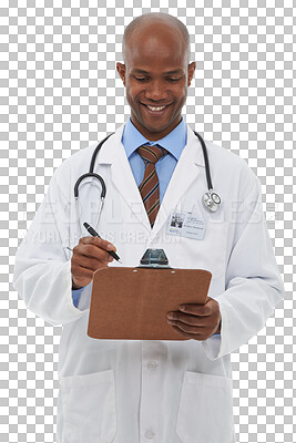 Buy stock photo Smile, medical and black man doctor with clipboard for diagnosis or treatment with career. Happy, healthcare and professional African surgeon with checklist isolated by transparent png background.