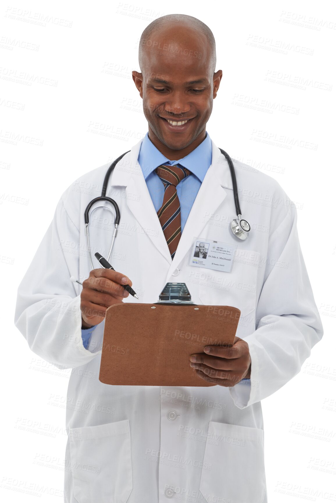 Buy stock photo Smile, medical and black man doctor with clipboard for diagnosis or treatment with career. Happy, healthcare and professional African surgeon with checklist isolated by transparent png background.