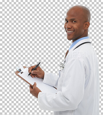 Buy stock photo Isolated African man, doctor and clipboard in portrait for writing, advice or results by transparent png background. Medic person, documentation or checklist with pen, prescription or medical history