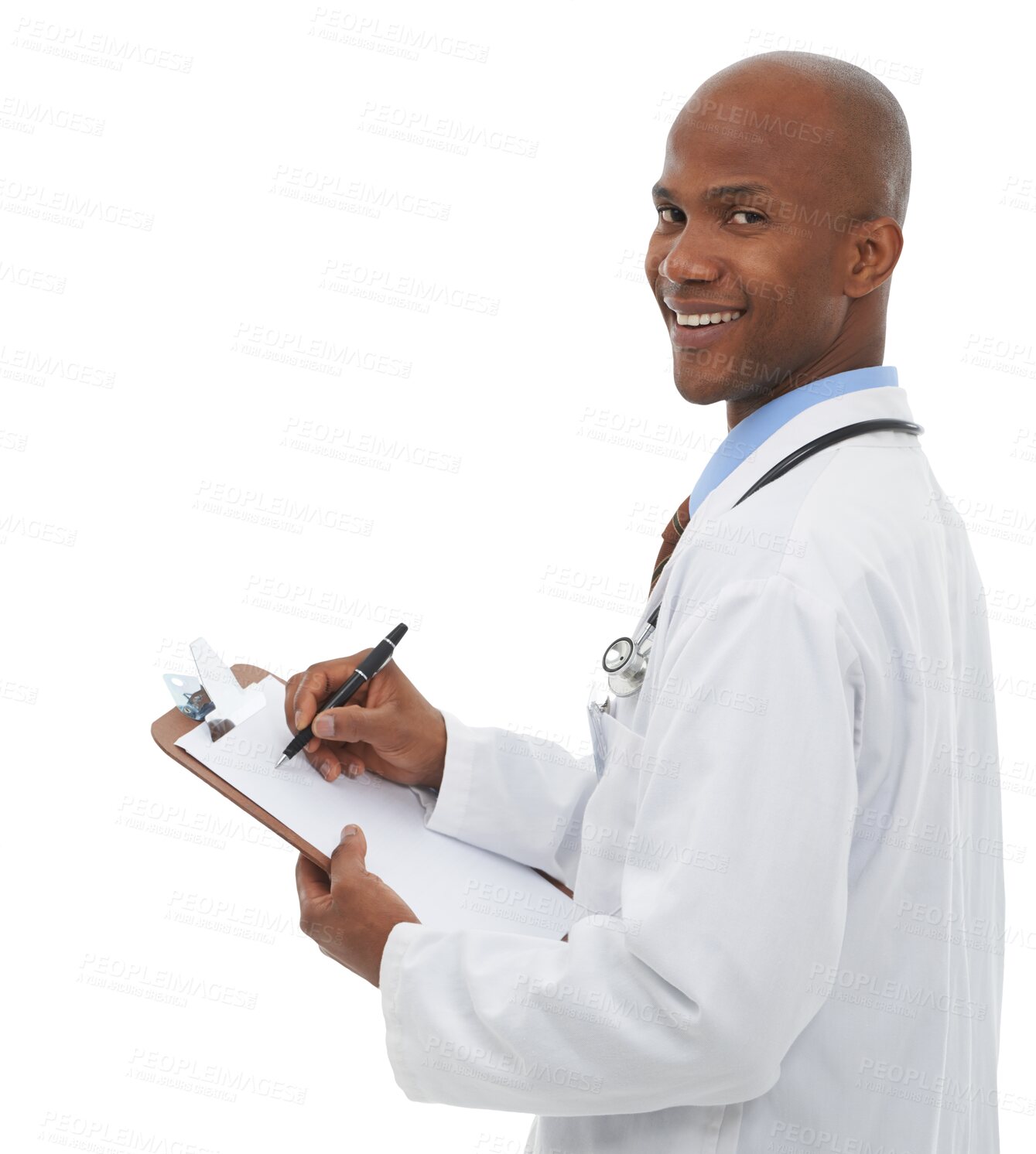 Buy stock photo Isolated African man, doctor and clipboard in portrait for writing, advice or results by transparent png background. Medic person, documentation or checklist with pen, prescription or medical history