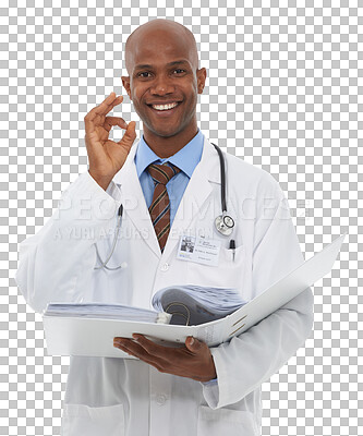 Buy stock photo Doctor, portrait and smile with approve for documents or patient folder isolated on png transparent background. Black man, professional and paperwork with perfect hand for agreement, yes or feedback 