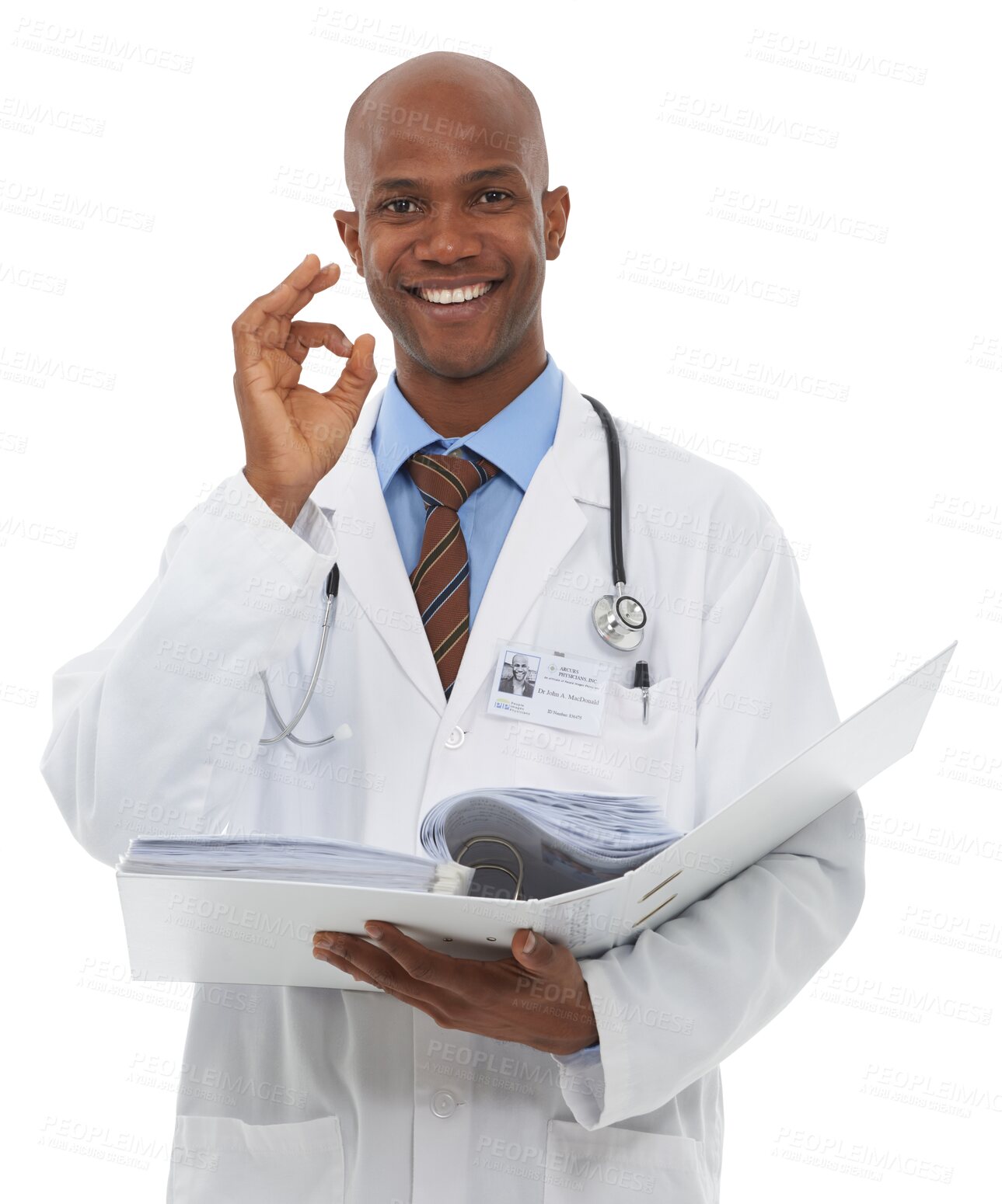 Buy stock photo Doctor, portrait and smile with approve for documents or patient folder isolated on png transparent background. Black man, professional and paperwork with perfect hand for agreement, yes or feedback 