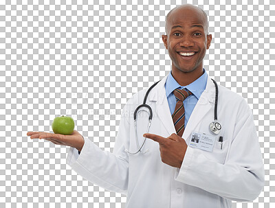 Buy stock photo Smile, pointing and portrait of doctor with apple for health, wellness and organic diet. Happy, medical career and black man healthcare worker with fruit isolated by transparent png background.