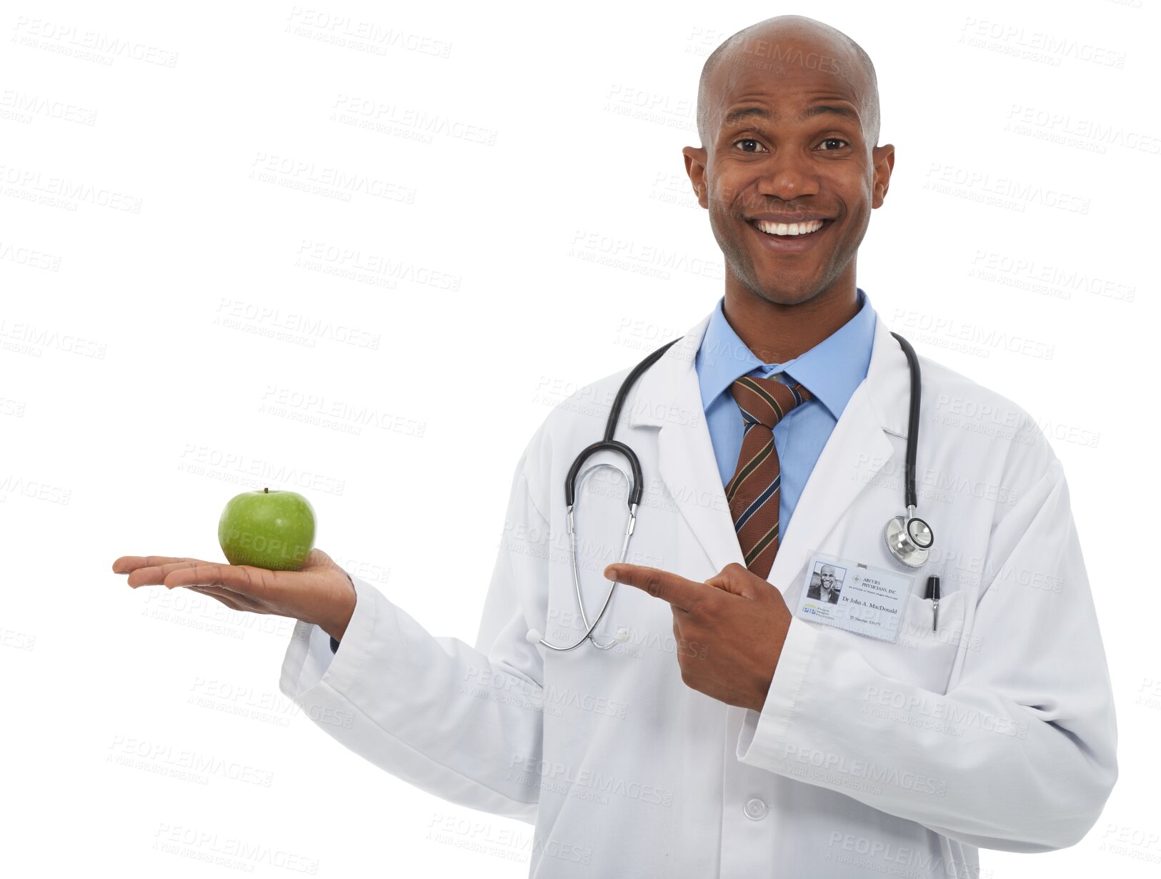 Buy stock photo Smile, pointing and portrait of doctor with apple for health, wellness and organic diet. Happy, medical career and black man healthcare worker with fruit isolated by transparent png background.