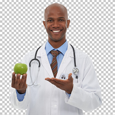 Buy stock photo Happy black man, portrait and doctor with apple for natural nutrition isolated on a transparent PNG background. Face of African male person smile with organic green fruit for diet, health or wellness