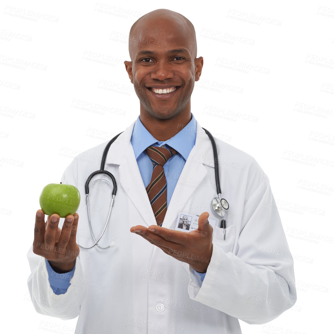 Buy stock photo Happy black man, portrait and doctor with apple for natural nutrition isolated on a transparent PNG background. Face of African male person smile with organic green fruit for diet, health or wellness