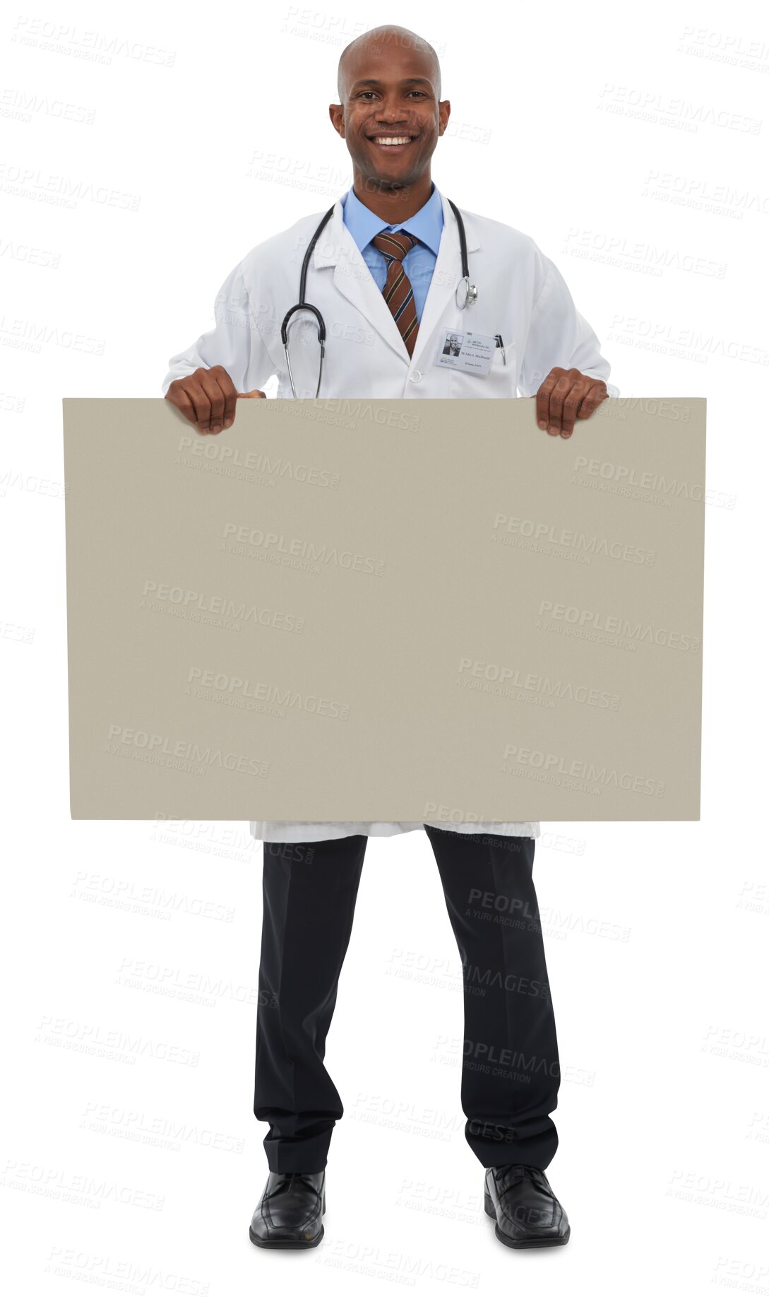 Buy stock photo Happy black man, portrait and doctor with billboard for advertising isolated on a transparent PNG background. African male person, surgeon or medical professional holding sign or poster in healthcare