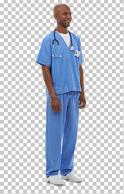 Buy stock photo Isolated African man, surgeon and thinking with smile, vision and stethoscope by transparent png background. Medic, doctor or person for healthcare services, wellness and uniform for career at clinic