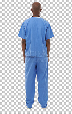 Buy stock photo Back, black man and doctor with healthcare, uniform and employee isolated on a transparent background. African person, model and medical with professional, career and physician with png and nurse