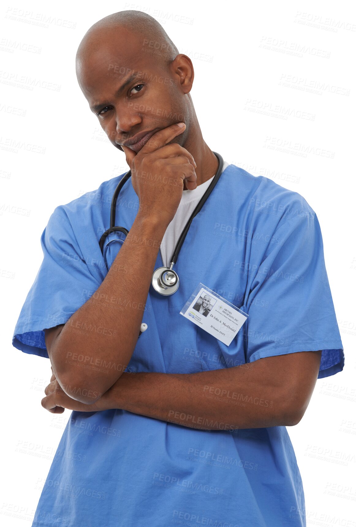 Buy stock photo African, doctor and portrait with thinking in healthcare, brainstorming and medical development for medicine care. Black specialist, thought or serious face or isolated on transparent png background