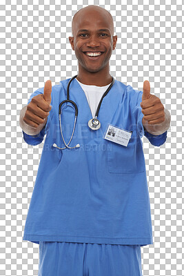 Buy stock photo Happy black man, portrait and doctor with thumbs up for thank you isolated on a transparent PNG background. Face of African male person or medical nurse like emoji, yes or ok for healthcare success