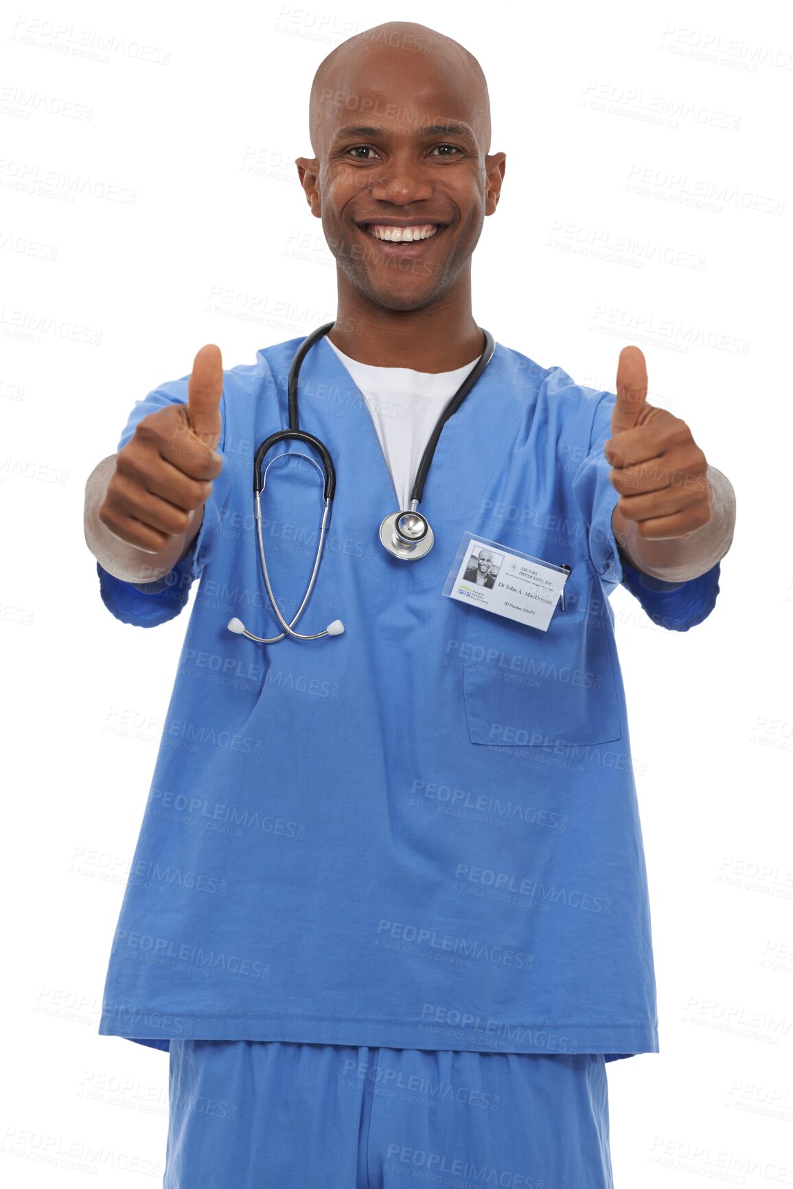 Buy stock photo Happy black man, portrait and doctor with thumbs up for thank you isolated on a transparent PNG background. Face of African male person or medical nurse like emoji, yes or ok for healthcare success