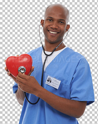 Buy stock photo Happy black man, portrait and doctor with stethoscope in heart health or wellness isolated on a transparent PNG background. Face of African male person or medical nurse with love emoji, shape or icon