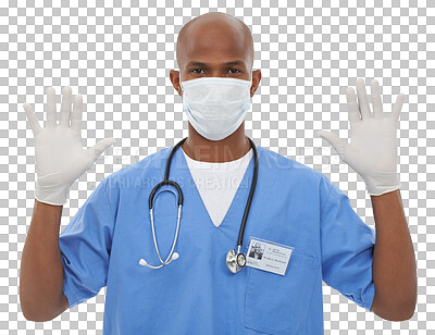 Buy stock photo Doctor, portrait and professional gloves or exam protection virus, disease or infection. Black person, surgical safety as healthcare or isolated on transparent png background or sample, help or test