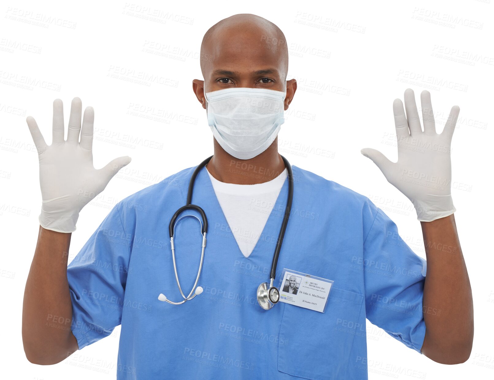 Buy stock photo Doctor, portrait and professional gloves or exam protection virus, disease or infection. Black person, surgical safety as healthcare or isolated on transparent png background or sample, help or test