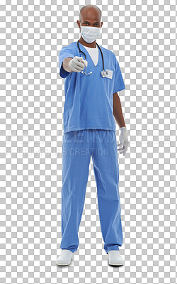 Buy stock photo Isolated doctor man, face mask and point at you for safety, call to action and accountability for covid 19. Medic, African person and sign for decision, choice and ppe by transparent png background