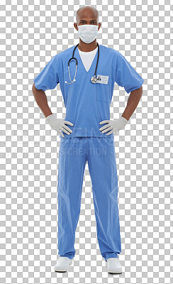 Buy stock photo Isolated doctor man, face mask and portrait with safety, surgery and stop covid 19 by transparent png background. Medic, African person and gloves for bacteria, health or ppe clothes for hospital job