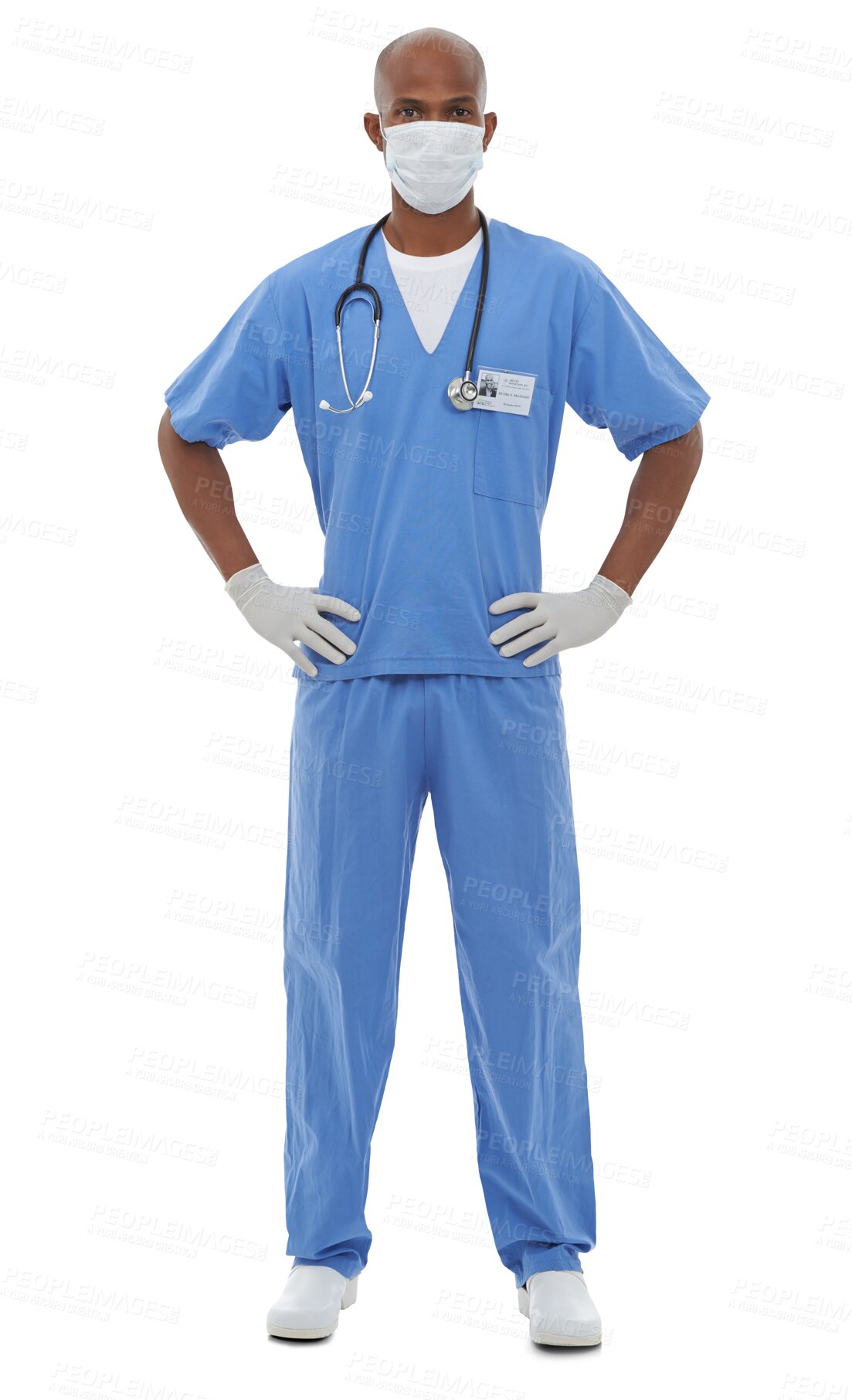 Buy stock photo Isolated doctor man, face mask and portrait with safety, surgery and stop covid 19 by transparent png background. Medic, African person and gloves for bacteria, health or ppe clothes for hospital job