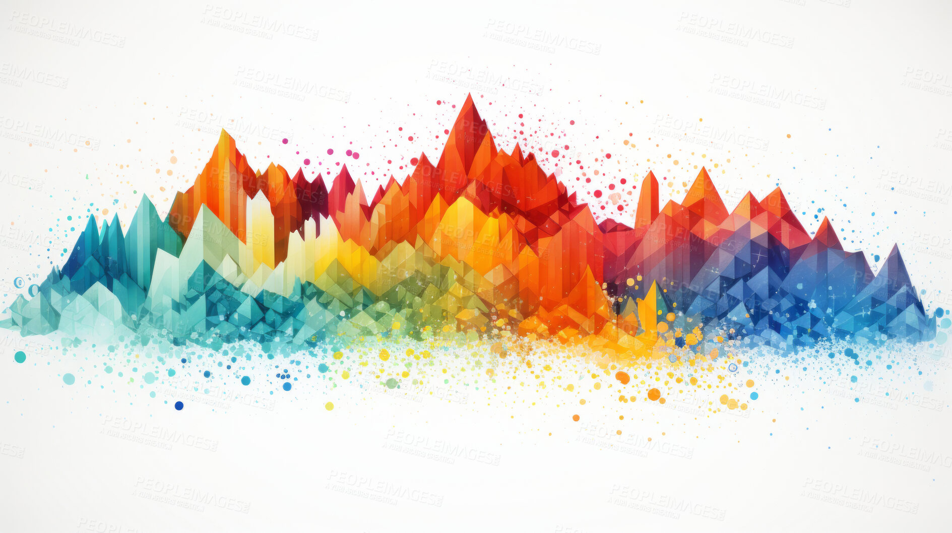 Buy stock photo Colorful digital facet or particles, in the shape of sound waves or mountain, on white background