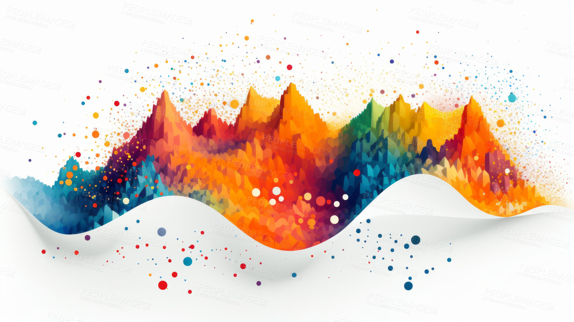 Buy stock photo Colorful digital facet or particles, in the shape of sound waves or mountain, on white background