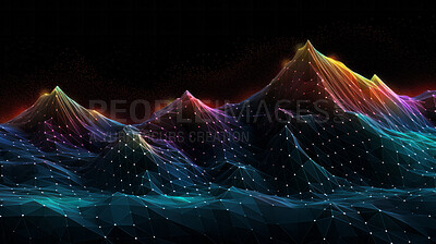 Colorful digital facet design in the shape of sound waves or mountain on black background