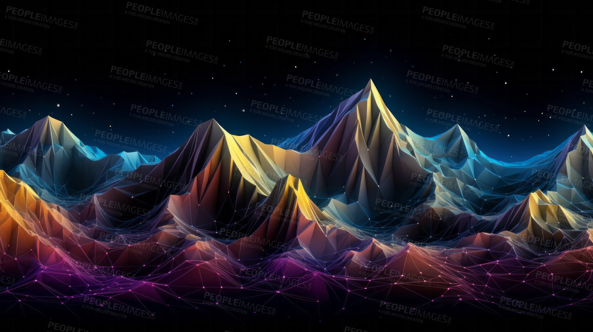 Buy stock photo Colorful digital facet design in the shape of sound waves or mountain on black background