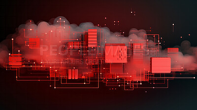 Red digital clouds or smoke. Connected squares or technology boxes on a black background