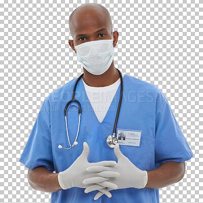 Buy stock photo African, doctor and portrait in mask with gloves, confident and medical worker patient wellness with safety. Black specialist, trust and face of healthcare and isolated on transparent png background