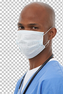 Buy stock photo African, doctor and portrait with mask in healthcare, brainstorming and medical development for medicine care. Black specialist, confident face and trust and isolated on transparent png background