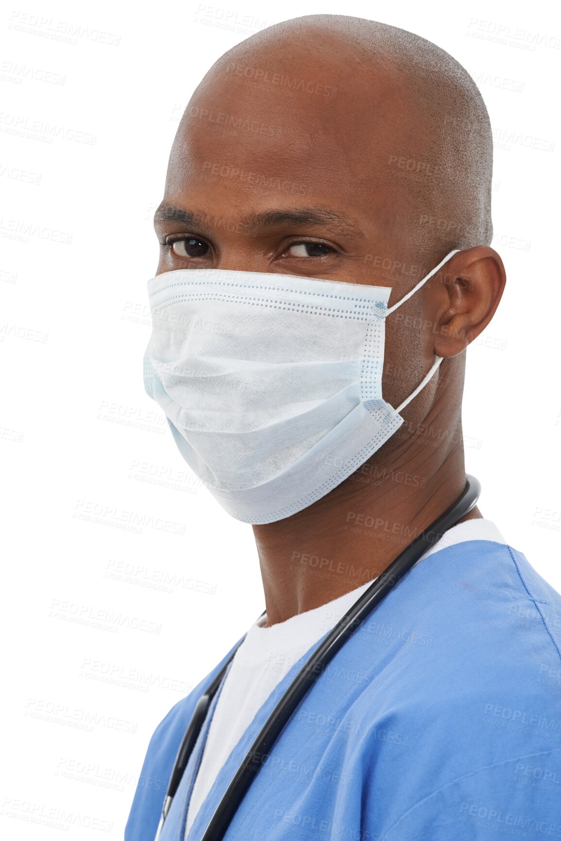 Buy stock photo African, doctor and portrait with mask in healthcare, brainstorming and medical development for medicine care. Black specialist, confident face and trust and isolated on transparent png background