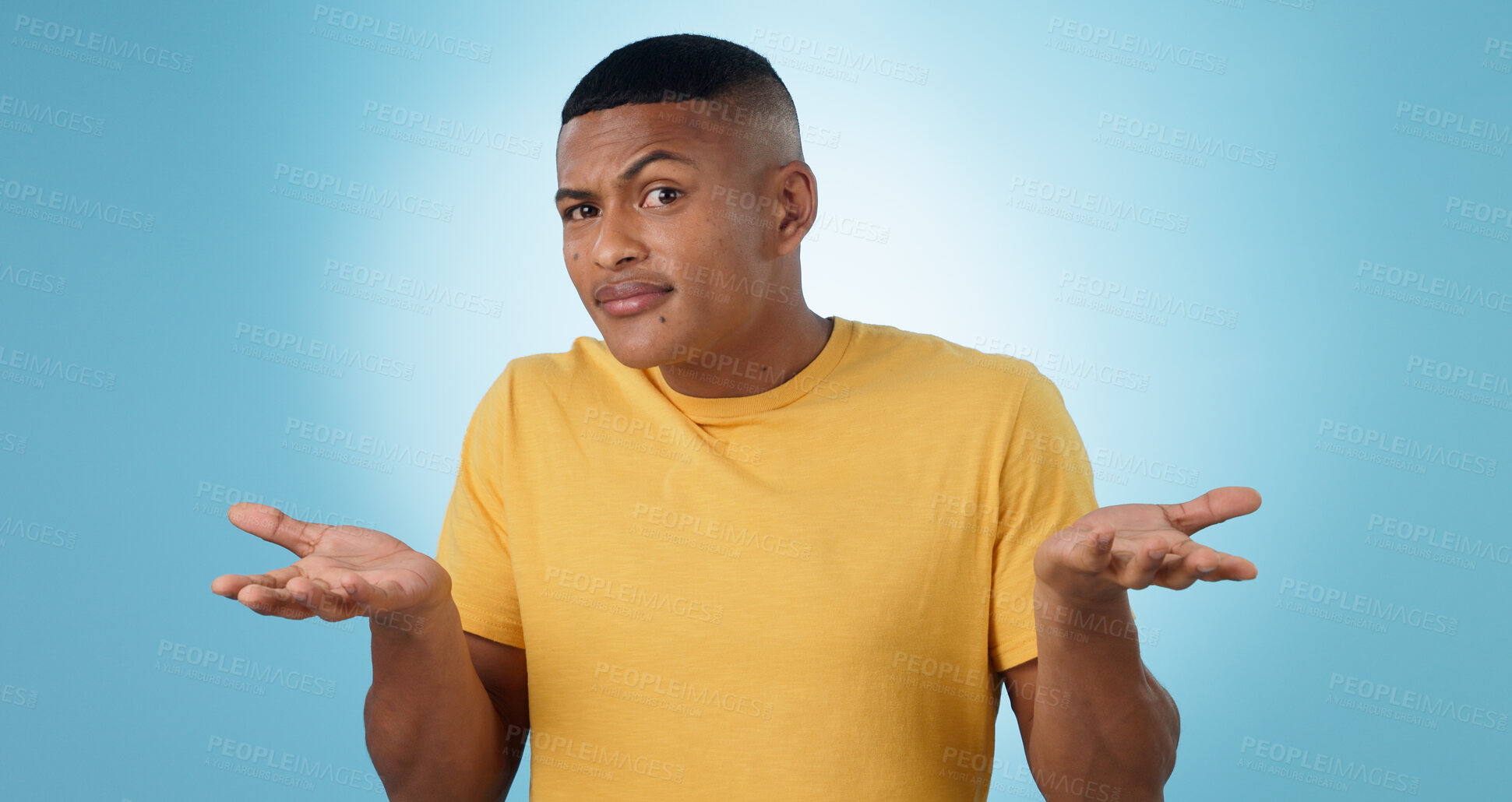 Buy stock photo Confused, shrug and portrait of man in studio with why hands on blue background space. Doubt, face and model with dont know emoji for choice, decision or palm scale, questions or asking body language