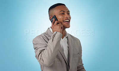 Buy stock photo Business man, phone call and laugh in studio for consulting, communication and chat on blue background. Happy worker, mobile networking and contact for feedback, conversation and funny discussion 