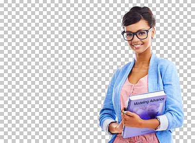 Buy stock photo Portrait, school and a woman student with books isolated on a transparent background for scholarship. Education, smile or happy and a young university pupil in glasses on PNG for learning or study