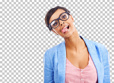 Buy stock photo Tongue out, glasses and portrait of young woman with silly, goofy and funny facial expression. Happy, spectacles and female person from Mexico with comic face isolated by transparent png background.